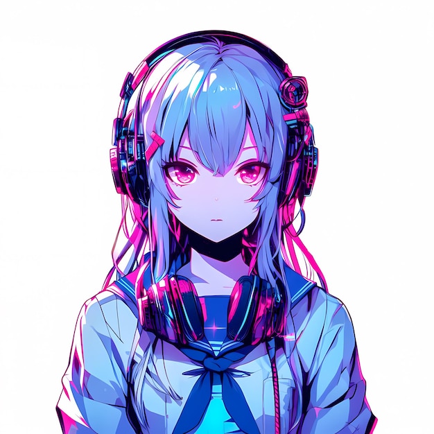 Neon Anime Chica con auriculares Retrato de fondo blanco