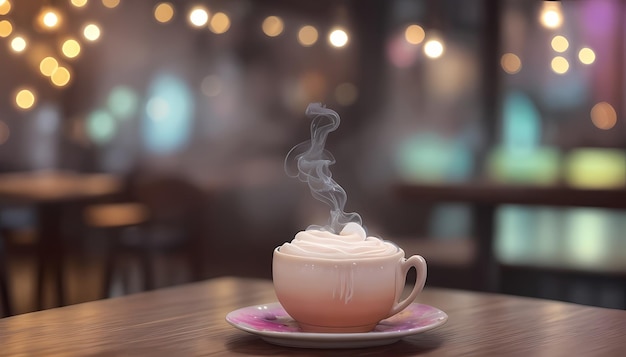 Neon-Aquarell-Glückseligkeit, komplizierte Latte-Kunst mit gemütlichem Café-Bokeh-Hintergrund