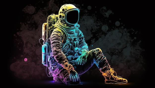 Neon-Astronaut auf schwarzem Hintergrund selektiver Fokus Generative KI