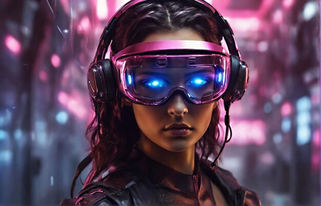 Foto neon-augen cyberpunk-mädchen mit virtual-reality-brille und headset