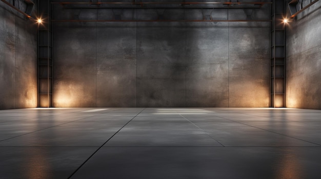 Néon azul laranja nave espacial led industrial realista ficção científica futurista moderno hangar estacionamento subterrâneo garagem armazém corredor aço concreto cimento renderização 3d ilustração foto de alta qualidade