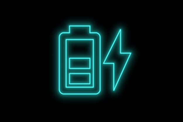 Neon-Batterie-Symbol mit Ladungssymbol auf dunklem Hintergrund