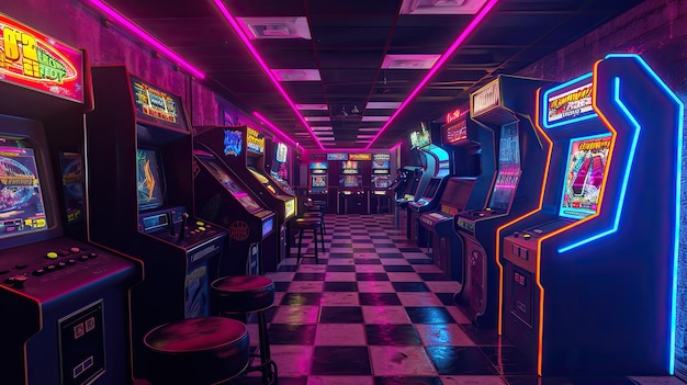 Neon beleuchtete Arcade mit Retro-Gaming-Vibes Retro-Spiel-inspirierte Arcade glühend mit lebendigen Neonlichtern