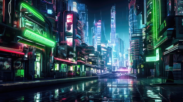 Neon beleuchtete Cyberpunk-Stadt mit hellgrünen und schwarzen Straßen und Gebäuden