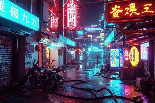 Neon beleuchtete Cyberpunk-Straße mit futuristischer Beschilderung Futuristische Cyberpunk-Streek, geschmückt mit lebendiger Neon-Schilderung