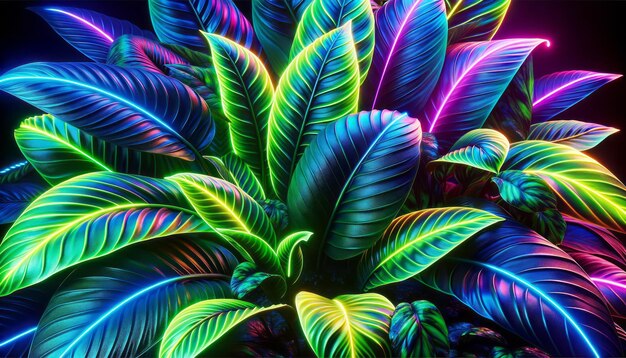Neon beleuchtete tropische Blätter strahlen lebendige Farbtöne gegen einen dunklen Hintergrund Futuristisches Konzept Generative KI