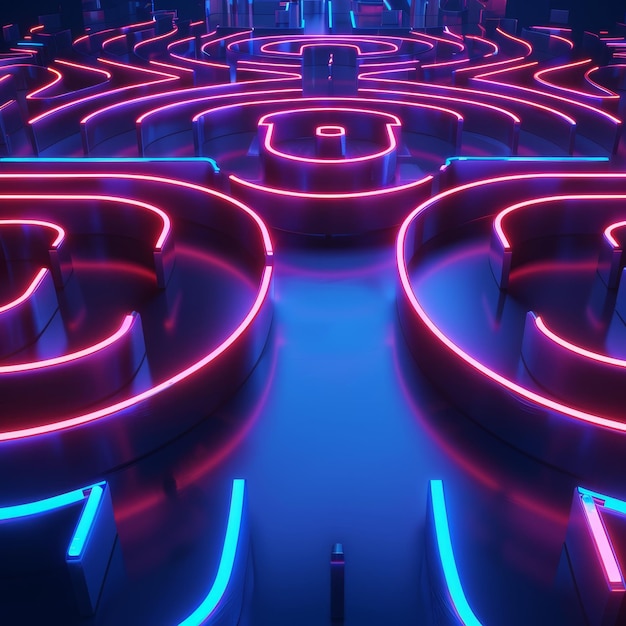 Neon bitcoin labirinto uma viagem focada para o centro
