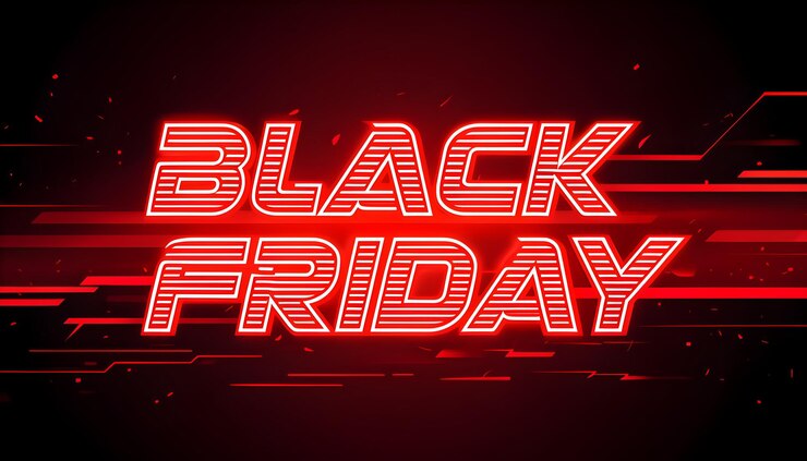 Foto neon black friday señal en bandera publicitaria roja y negra para el evento de ventas