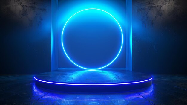 Neon Blue 3D Podium em Abstract Dark Room