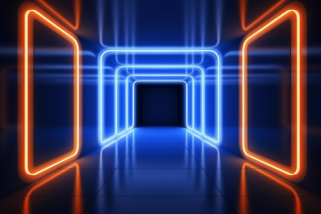 Neon brilhante corredor azul-laranja scifi túnel d renderização