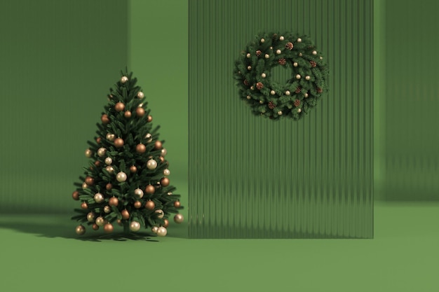 Néon brilhante da árvore de Natal. Verde e bege, abstrato de parede de vidro. Renderização 3D com vitrine de pedestal.