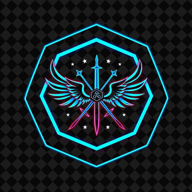 Foto neón brillante alrededor de insignia hexagonal con bordes lisos en el interior lleno de alas estrellas y espadas