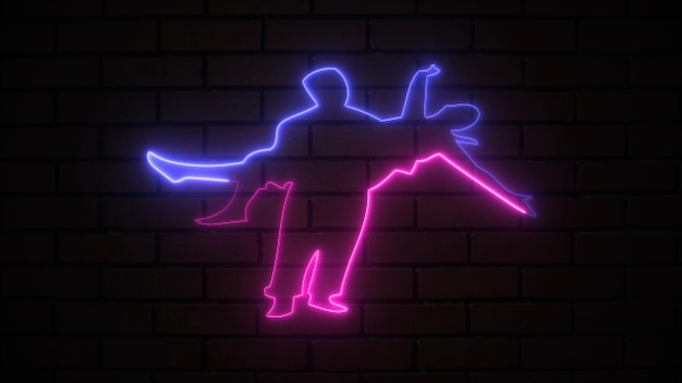 Neón brillante Un hombre romántico lleva a una mujer en sus brazos a lo largo de una pared de ladrillo Conceptos de emociones relaciones de amor y vacaciones románticas Siluetas e iluminación en un fondo de pared de piedra