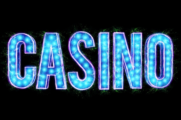 Neon-casino-inschrift auf schwarzem hintergrund isoliert. design-vorlage. casino-konzept, glücksspiel, header für die site. kopieren sie platz, 3d-darstellung, 3d-rendering.