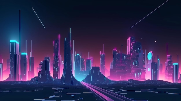 Neon cidade futurista cyberpunk com lua ao fundo generative ai