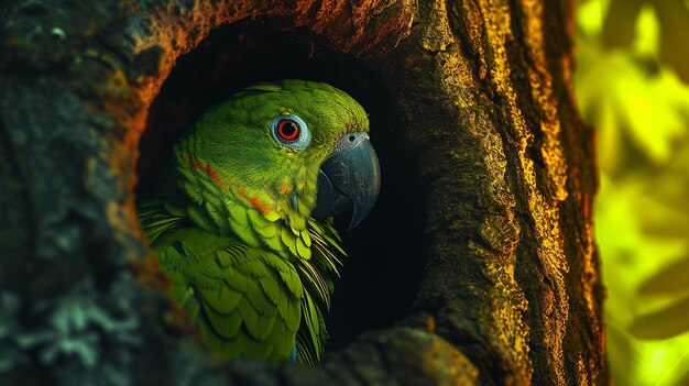 Foto neon color green papagaio en una foto de árbol hueco generado por ia