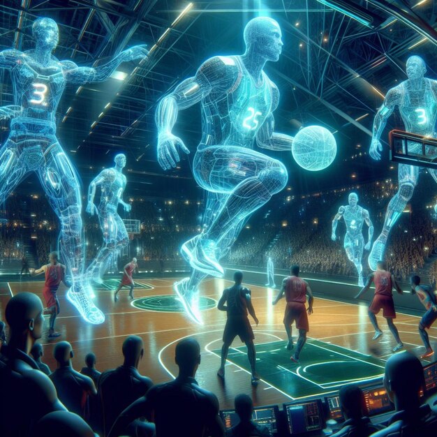 Neon court showdown jogo de basquete futurista fãs holográficos jogadores de alta tecnologia renderização 3D