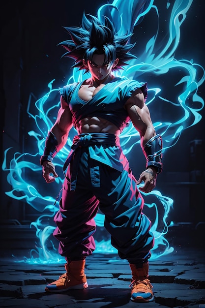 Foto neon cyan contorno e preto corpo inteiro goku super syain