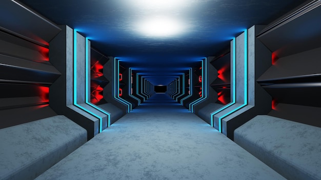 Foto neon cyber lab tunnel red blue lights sci fi futuristic