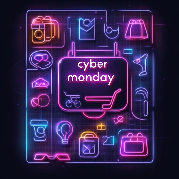 Foto neon cyber monday flyer banner publicidad venta compras diseño vectorial diseño plantilla de redes sociales
