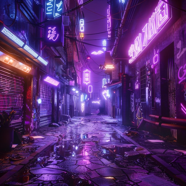 Neon Cyberpunk City Urban Future Metaverse Nacht Lila Straße Textur Hintergrund Kopierraum