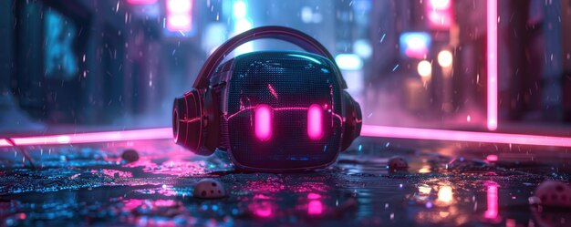 Neon cyberpunk cuadrada burbuja linda con auriculares en medio de sombras de horror en 3D