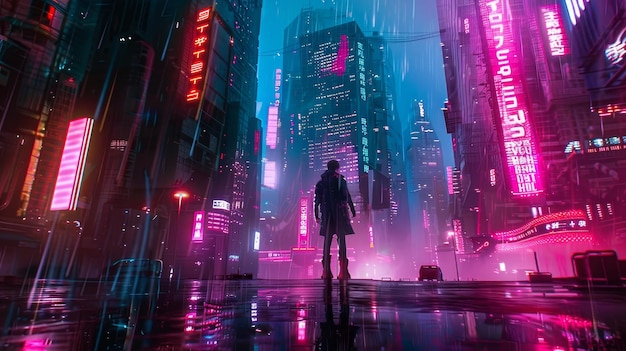 Neon Cyberpunk Landschaften Kinematografische Aufnahmen von neon beleuchteten Cyberpunk-Landschaften und dystopischen Stadtlandschaften mit hoch aufragenden Skysc AI-generierten Illustrationen