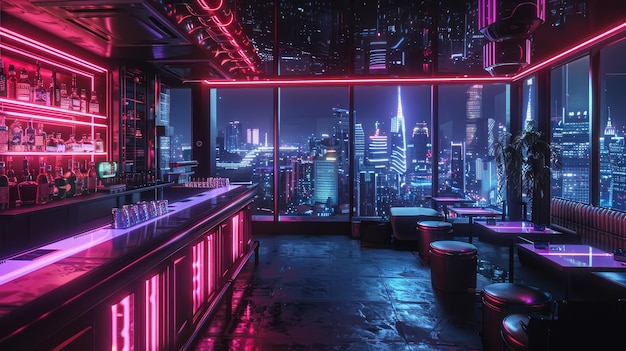 Foto neon cyberpunk rooftop bars capturas cinematográficas de bares e lounges de telhado cyberpunk iluminados a neon com vistas panorâmicas da ilustração gerada pela ia