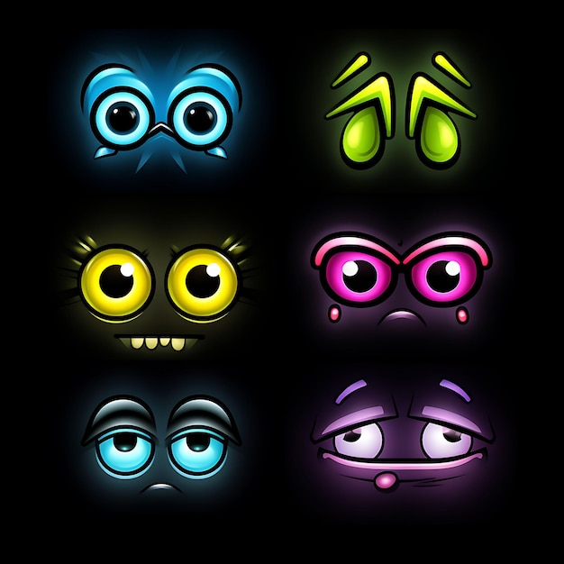 Foto neon-design des gesichts mit rollenden augen-symbol-emoji mit sarkastischem, verärgertem clipart-aufkleber-set