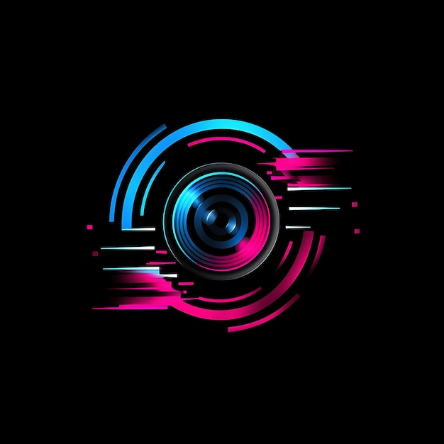 Neon-Design des Kamera-Logos mit Filmstreifen und Blendenlamellen. Leuchtendes rosa Clipart-Ideen-Tattoo