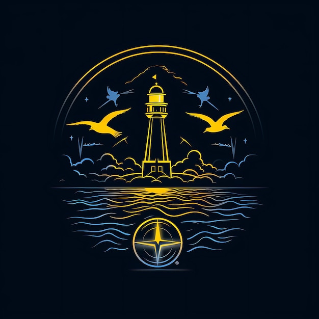 Neon-Design eines Ankerlogos mit Möwen und Leuchtturm in Marineblau und Vibra-Clipart-Idee für ein Tattoo