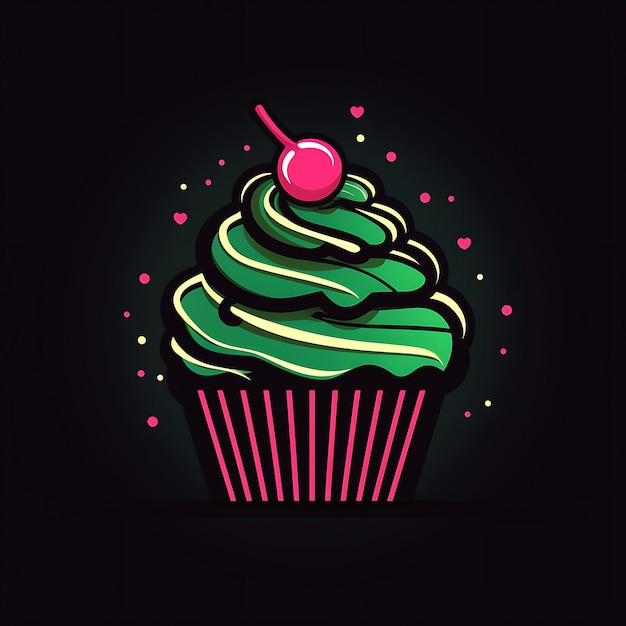 Neon-Design eines Cupcake-Logos mit Streuseln und Kirschen, süßes Rosa und Minze Clipart-Idee Tattoo