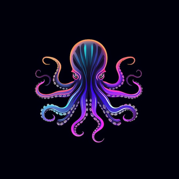 Neon-Design eines geheimnisvollen Oktopus-Logos mit wirbelnden Tentakeln und Meeresboden-Clipart-Idee