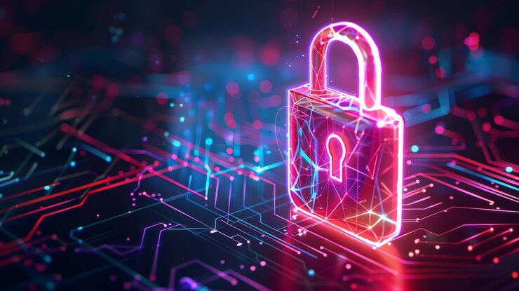 Neon Digital Padlock Concepto de ciberseguridad con flujos de datos en un fondo de neón oscuro