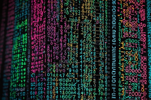 Neon-digitaler Programmiercode über schwarze Matrix