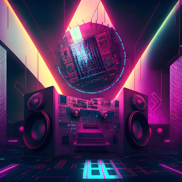 Foto neon-disco-hintergrund, leere tanzfläche mit dj-konsole und lautsprechern, neuronales netzwerk, generierte kunst