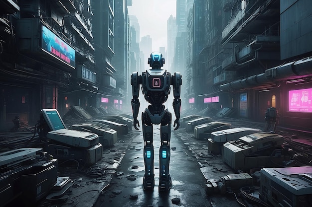 Neon Dominance Um vislumbre distópico em um mundo robótico onde a inteligência artificial molda a paisagem urbana sem fim