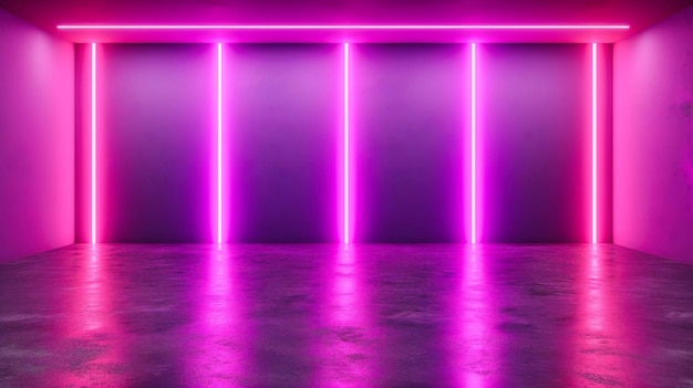 Neon Dreams Un escenario vibrante listo para una actuación futurista iluminada por brillantes luces de neón y superficies reflectantes