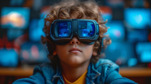 Foto neon dreams kid em óculos de realidade aumentada