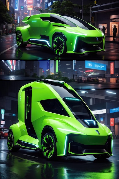 Neon Drive explorando o futuro da inovação automotiva com um caminhão de energia verde cibernético