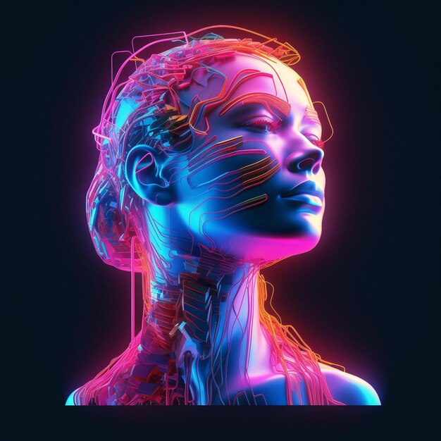 Neon Elegance Una fusión futurista de mujeres cibernéticas y retratos etéreos