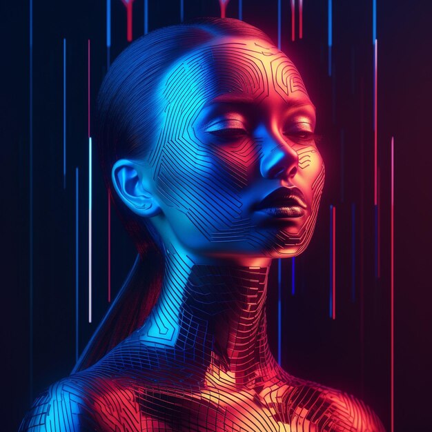 Neon Elegance Una fusión futurista de mujeres cibernéticas y retratos etéreos