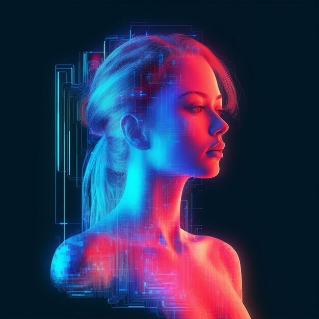 Neon Elegance Una fusión futurista de mujeres cibernéticas y retratos etéreos