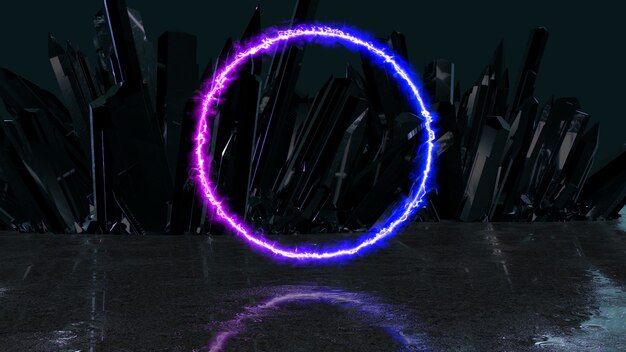 Neon-Energiestrahl in der Form eines Kreises auf einem Hintergrund von Kristallen, 3d Illustration