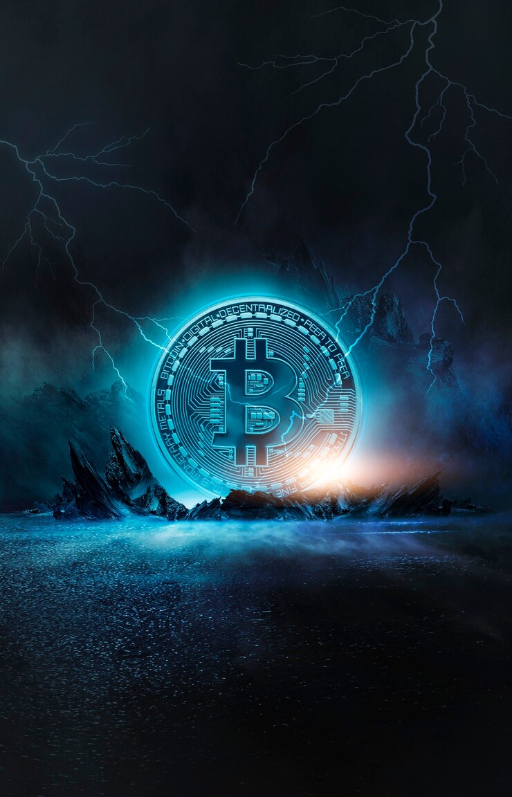 Néon escuro abstrato com bitcoin, linhas dinâmicas, raios