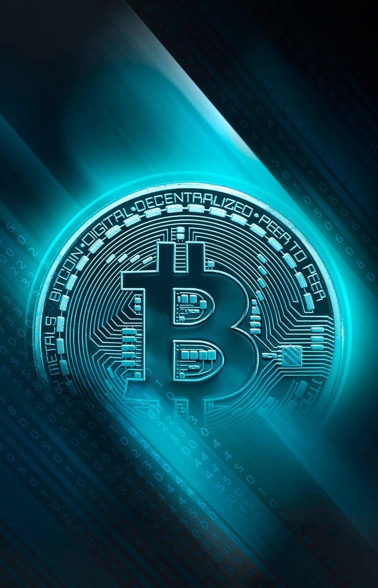 Foto néon escuro abstrato com bitcoin, linhas dinâmicas, raios