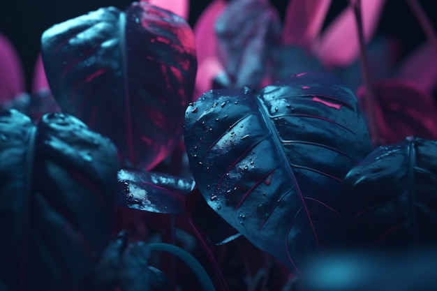 Neon exotische Nachtdschungel tropische Kunstpflanze lila schönes Hintergrundblatt Generative KI