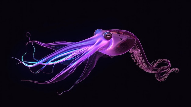 Neon Flying Squid no fundo preto sólido
