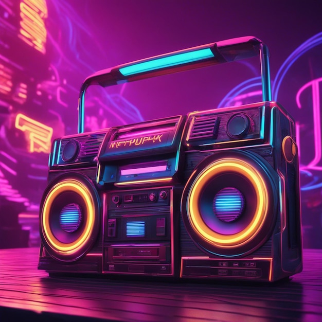 Foto neón de fondo galáctico de boom box 3d de onda retro