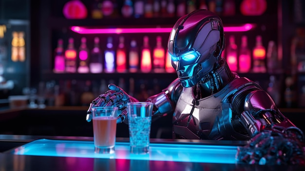 Neon Future Robot Barkeeper bereitet meisterhaft einen Cocktail in einer neonbeleuchteten Bar zu